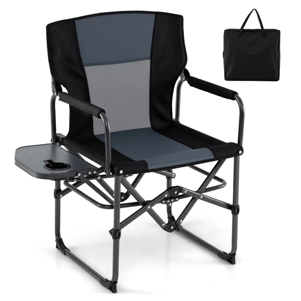 Folding Camping Chair with Side Table and Cup Holder with Carrying Bag-Black & Gray - Black & Gray - Camping Furniture