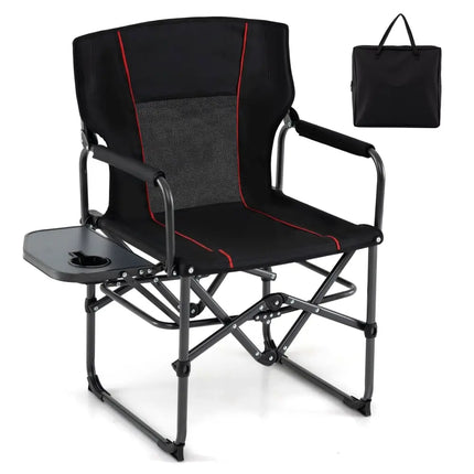 Folding Camping Chair with Side Table and Cup Holder with Carrying Bag-Black - Black - Camping Furniture