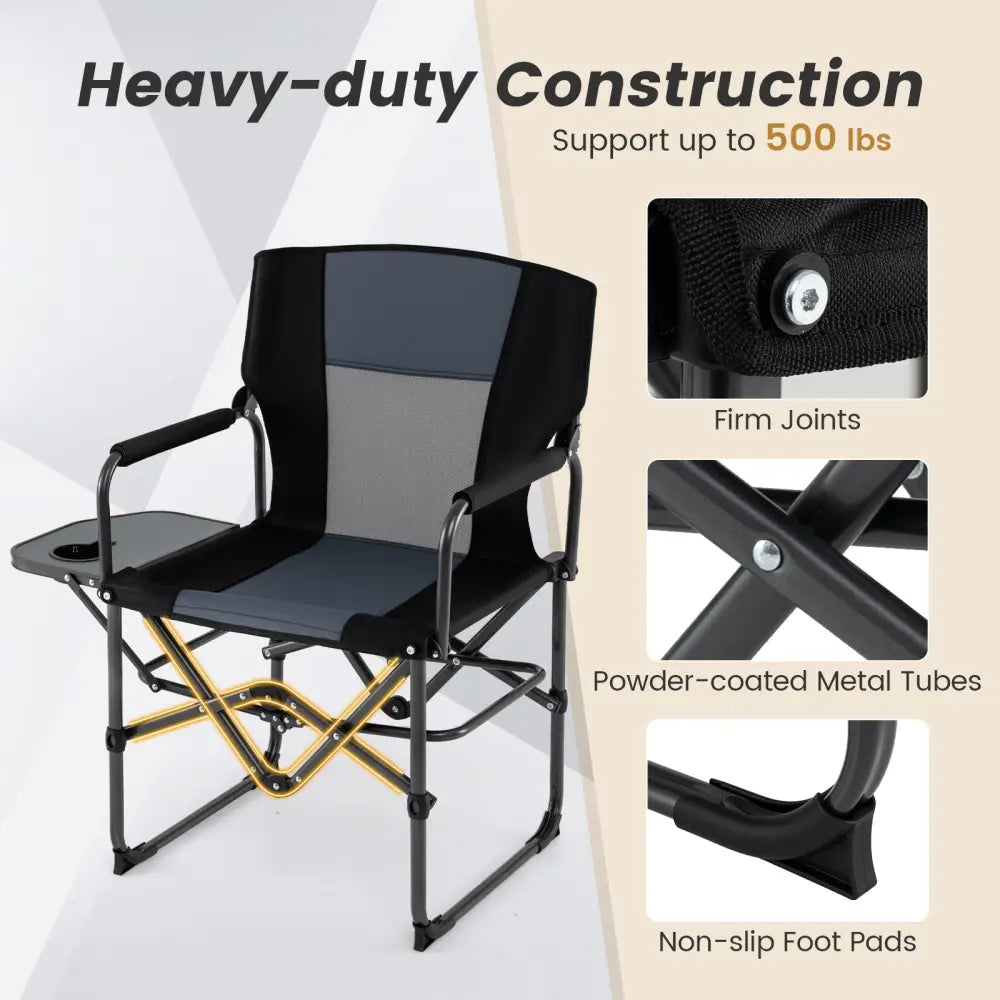 Folding Camping Chair with Side Table and Cup Holder with Carrying Bag-Black & Gray - Black & Gray - Camping Furniture