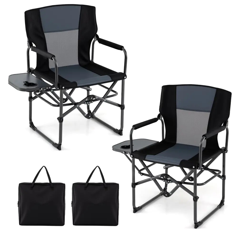 Folding Camping Chair with Side Table and Cup Holder with Carrying Bag-Black & Gray - Black & Gray - Camping Furniture