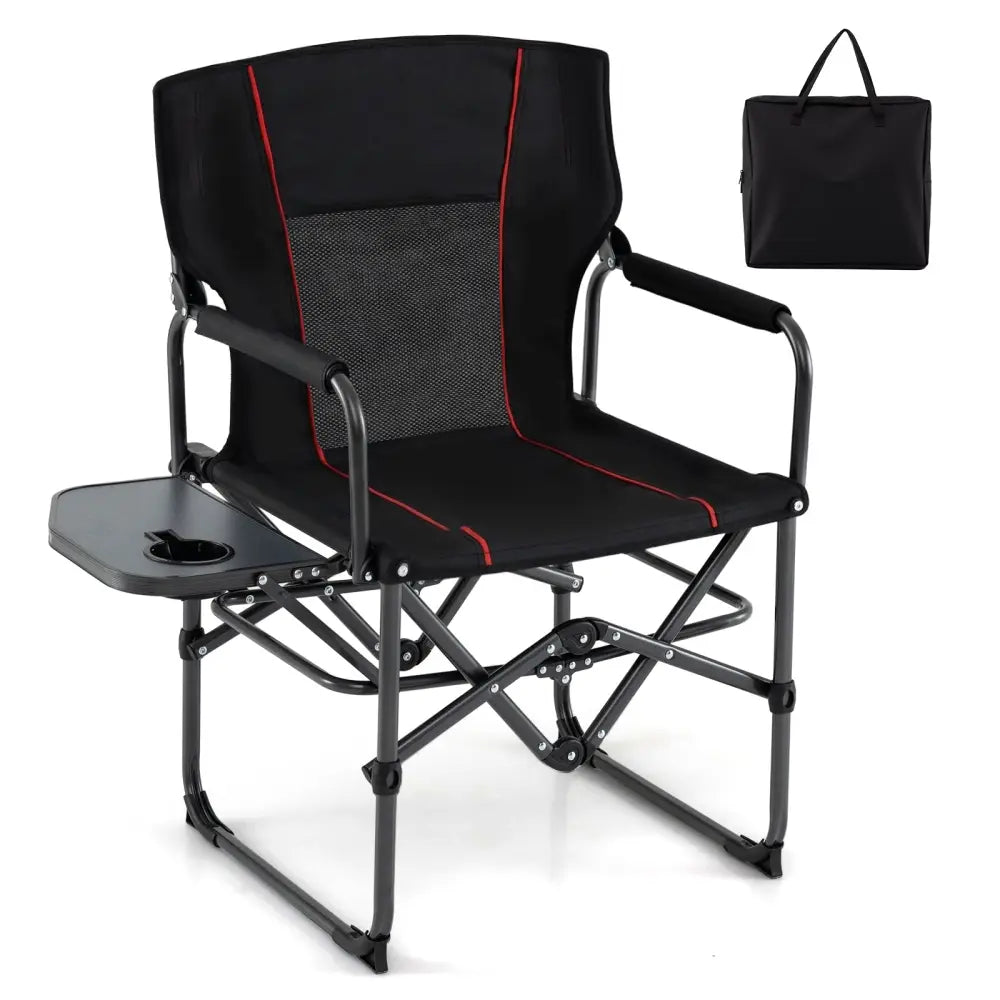 Folding Camping Chair with Side Table and Cup Holder with Carrying Bag-Black - Black - Camping Furniture