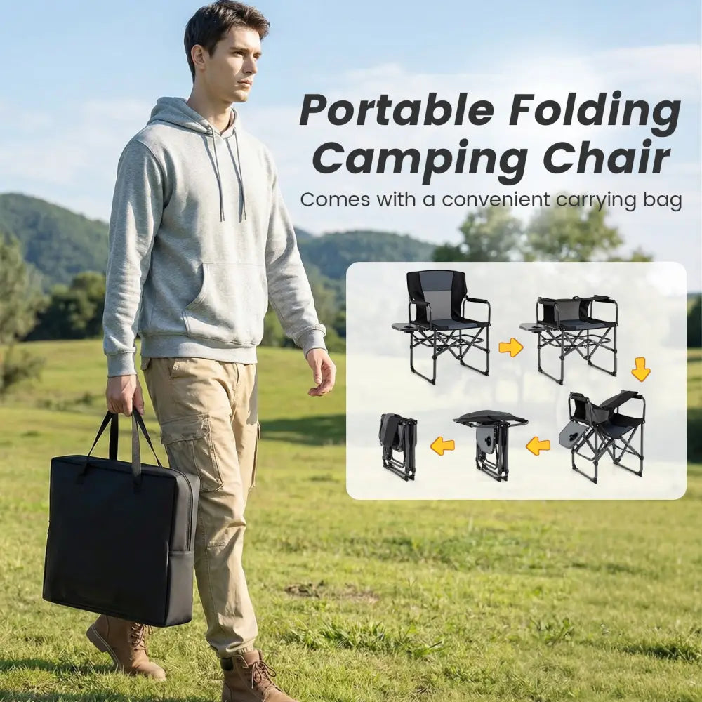 Folding Camping Chair with Side Table and Cup Holder with Carrying Bag-Black & Gray - Black & Gray - Camping Furniture