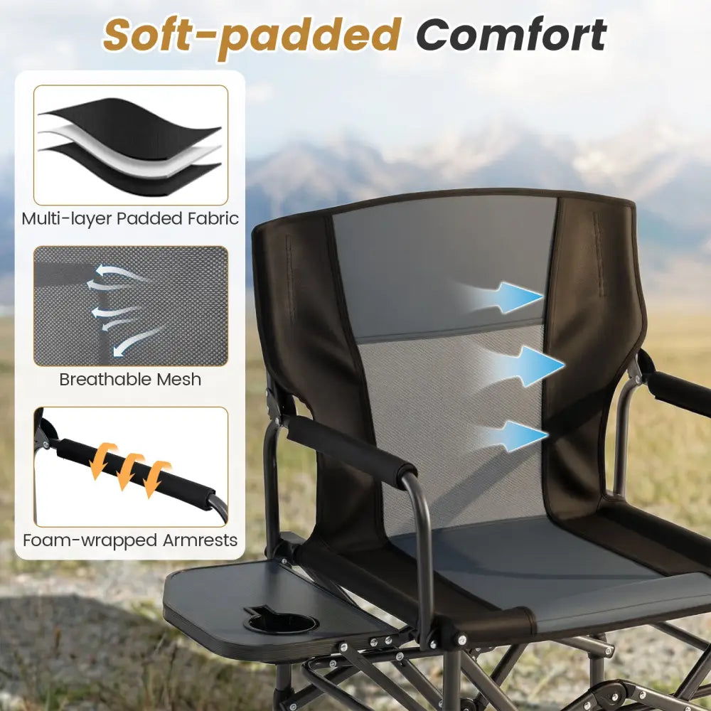 Folding Camping Chair with Side Table and Cup Holder with Carrying Bag-Black & Gray - Black & Gray - Camping Furniture