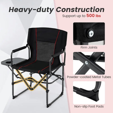 Folding Camping Chair with Side Table and Cup Holder with Carrying Bag-Black - Black - Camping Furniture