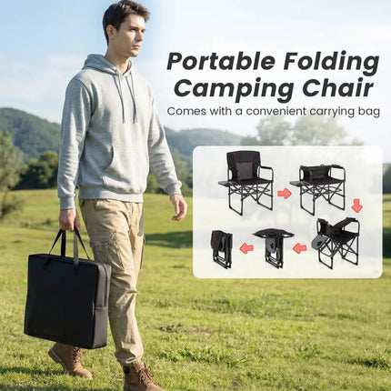 Folding Camping Chair with Side Table and Cup Holder with Carrying Bag-Black - Black - Camping Furniture