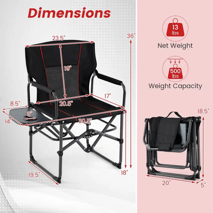 Folding Camping Chair with Side Table and Cup Holder with Carrying Bag-Black - Black - Camping Furniture