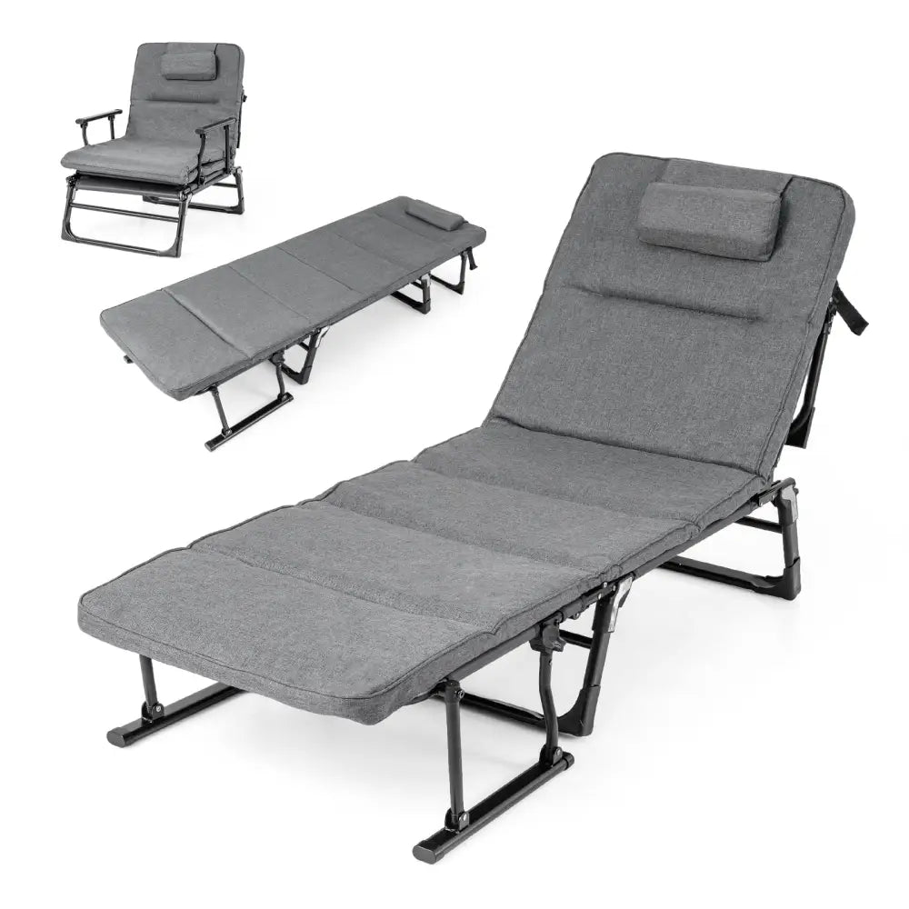 Folding Camping Cot with Mattress 3 in 1 Convertible Single Sofa Chaise Lounge Chair Sleeper-Gray - Gray - Camping