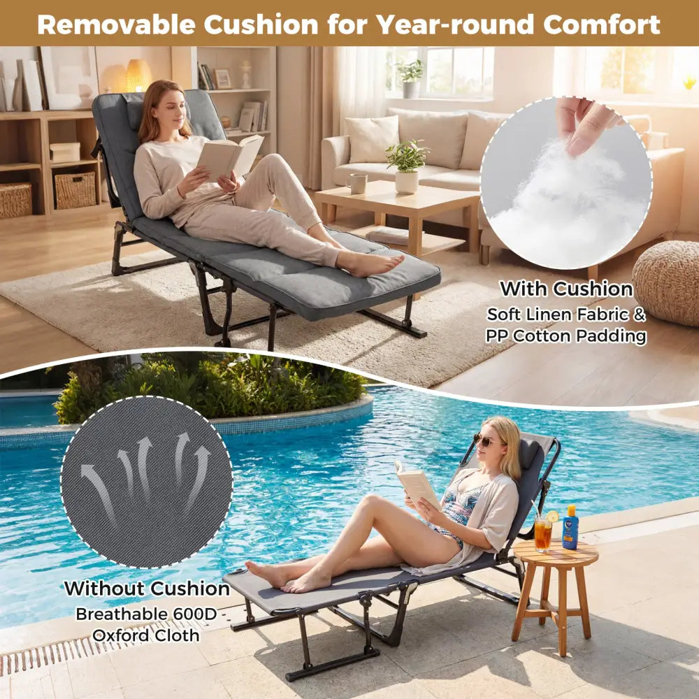 Folding Camping Cot with Mattress 3 in 1 Convertible Single Sofa Chaise Lounge Chair Sleeper-Gray - Gray - Camping