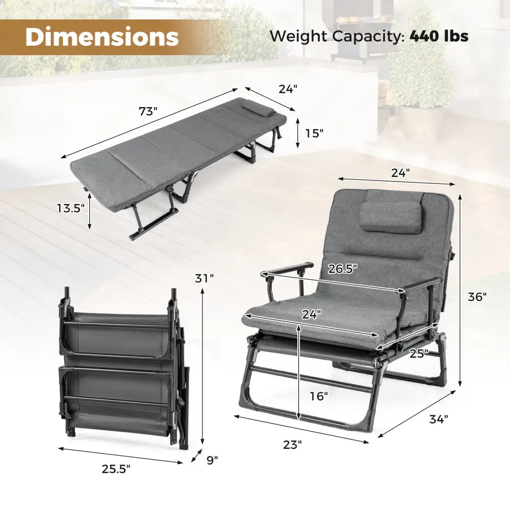 Folding Camping Cot with Mattress 3 in 1 Convertible Single Sofa Chaise Lounge Chair Sleeper-Gray - Gray - Camping