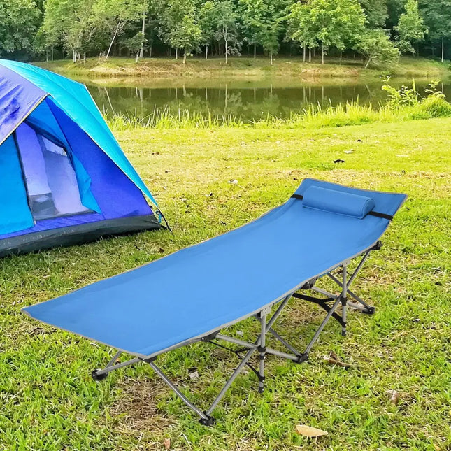 Folding Camping Cot with Side Storage Pocket Detachable Headrest-Blue - Blue - Camping Furniture