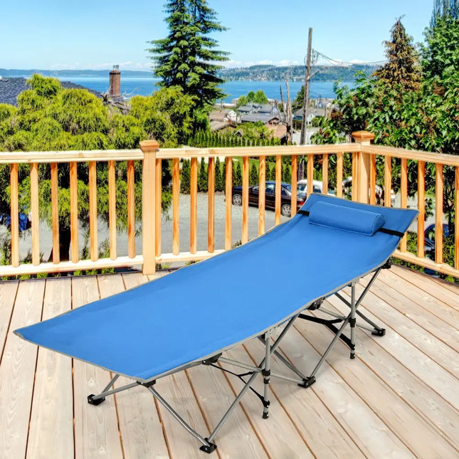 Folding Camping Cot with Side Storage Pocket Detachable Headrest-Blue - Blue - Camping Furniture