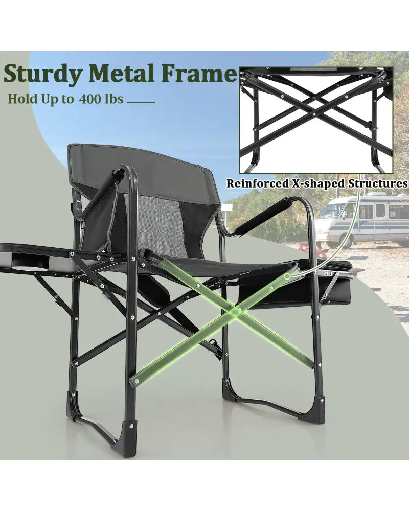 Folding Camping Directors Chair with Cooler Bag and Side Table-Black - Black - Outdoor
