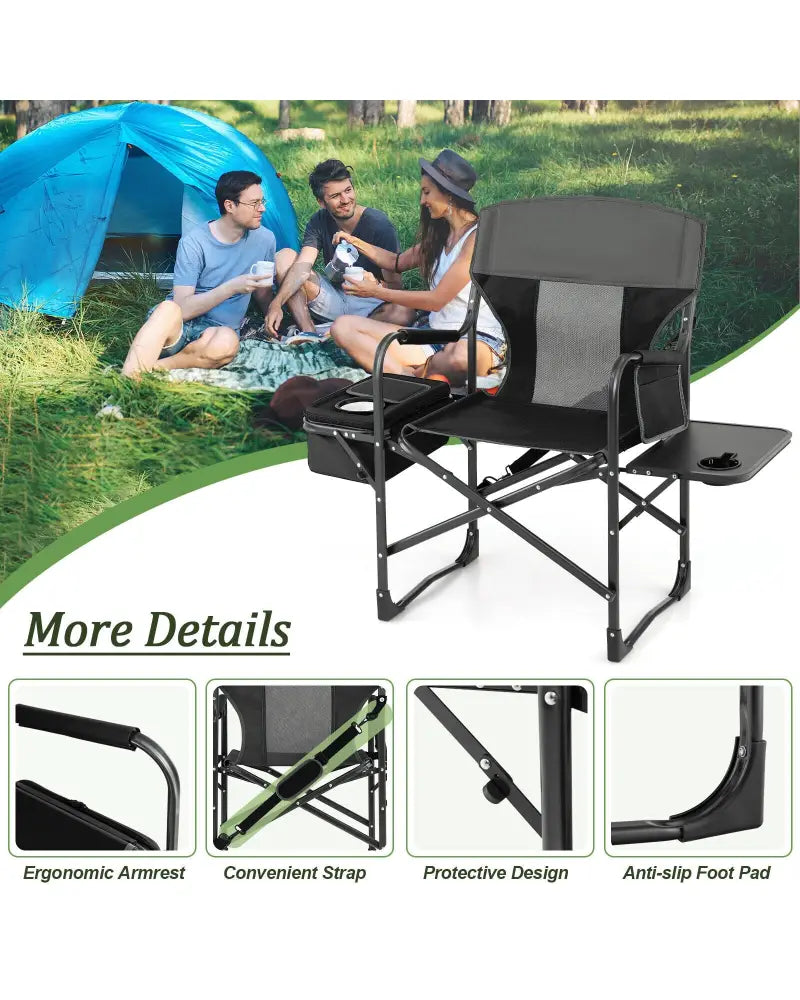 Folding Camping Directors Chair with Cooler Bag and Side Table-Black - Black - Outdoor