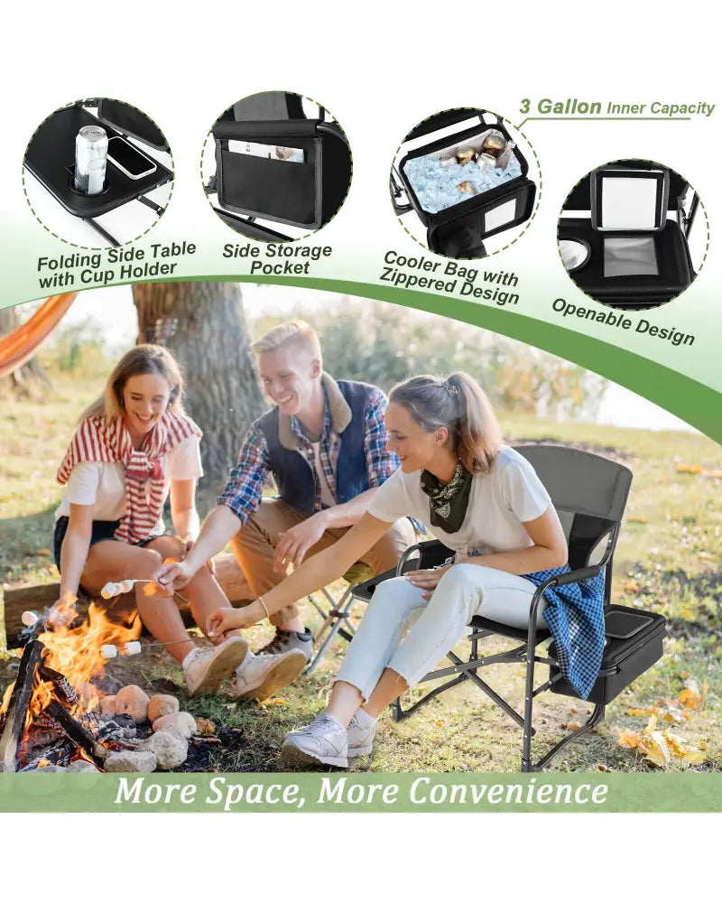 Folding Camping Directors Chair with Cooler Bag and Side Table-Black - Black - Outdoor