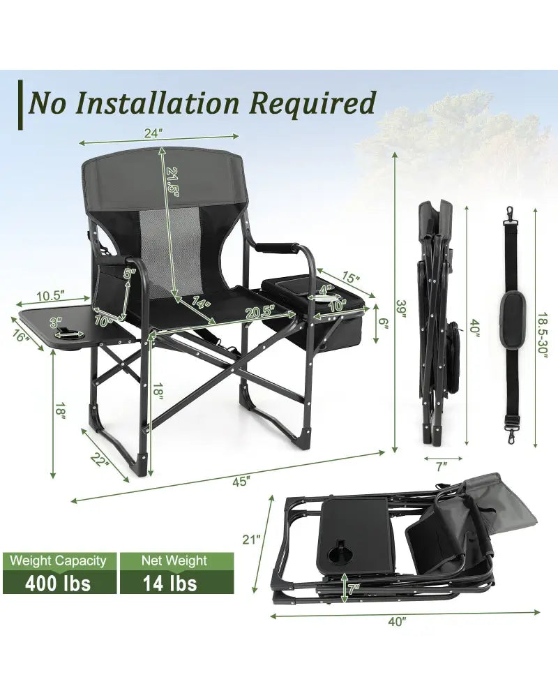 Folding Camping Directors Chair with Cooler Bag and Side Table-Black - Black - Outdoor
