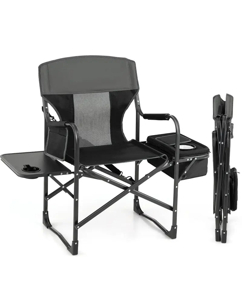 Folding Camping Directors Chair with Cooler Bag and Side Table-Black - Black - Outdoor