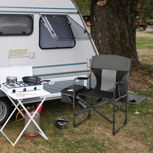 Folding Camping Directors Chair with Cooler Bag and Side Table-Black - Black - Outdoor