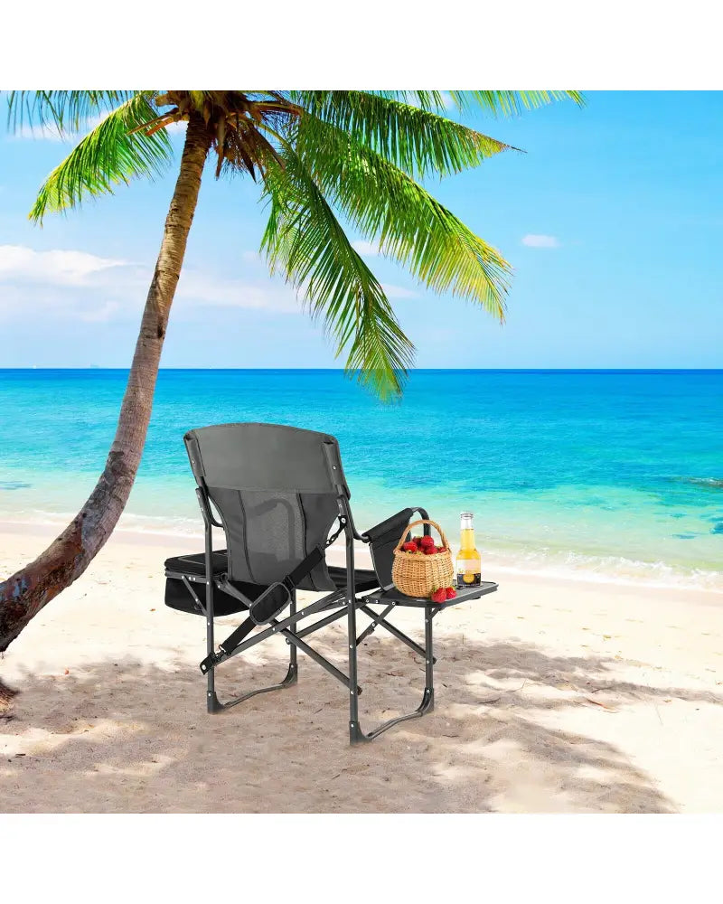 Folding Camping Directors Chair with Cooler Bag and Side Table-Black - Black - Outdoor