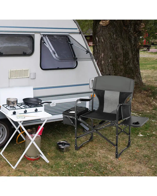 Folding Camping Directors Chair with Cooler Bag and Side Table-Black - Black - Outdoor