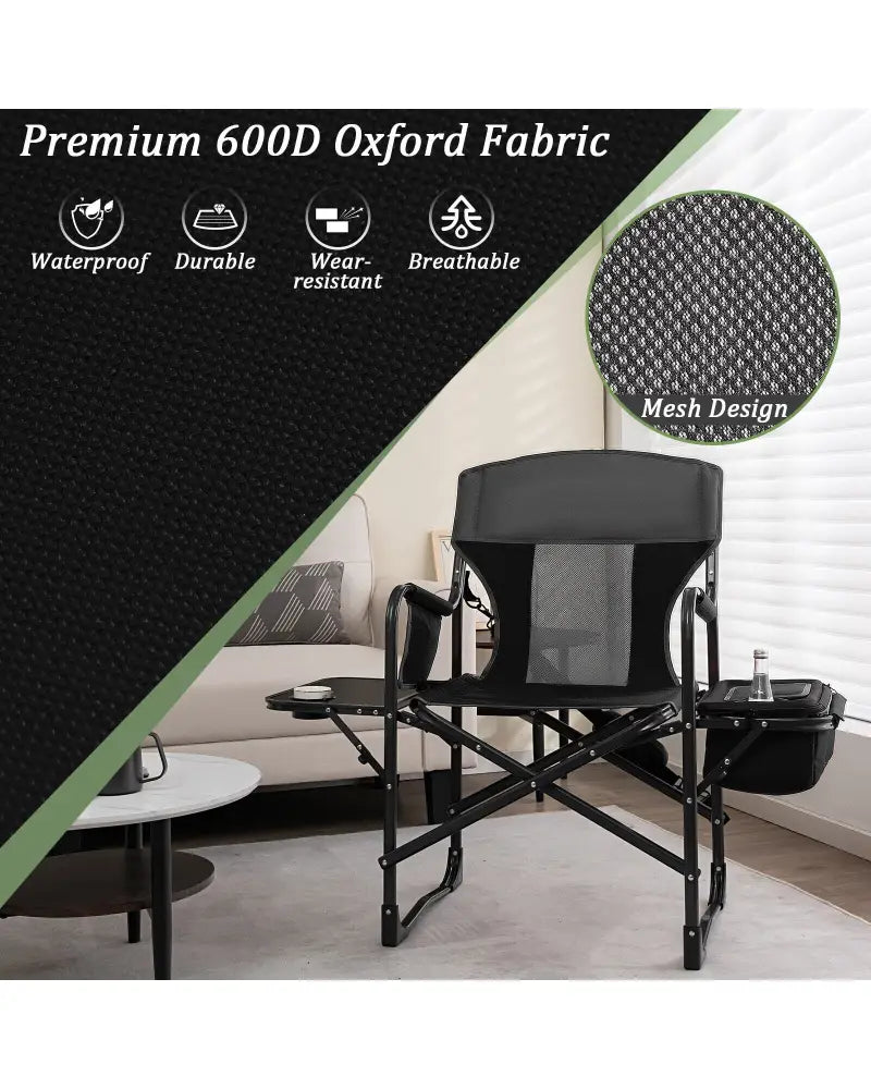 Folding Camping Directors Chair with Cooler Bag and Side Table-Black - Black - Outdoor