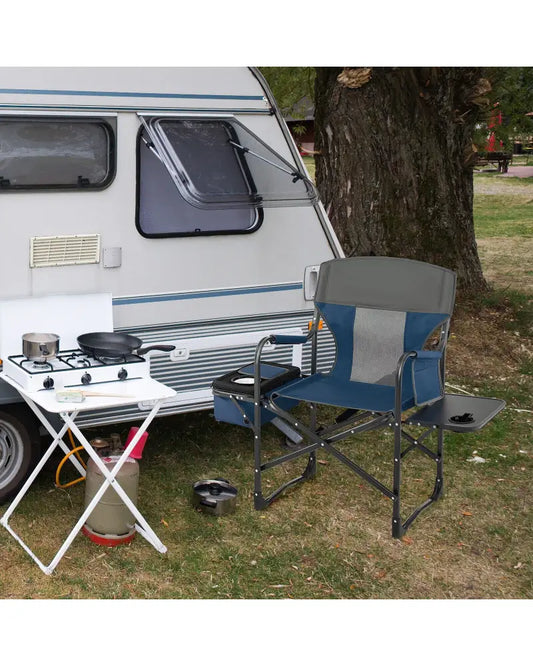 Folding Camping Directors Chair with Cooler Bag and Side Table-Blue - Blue - Outdoor