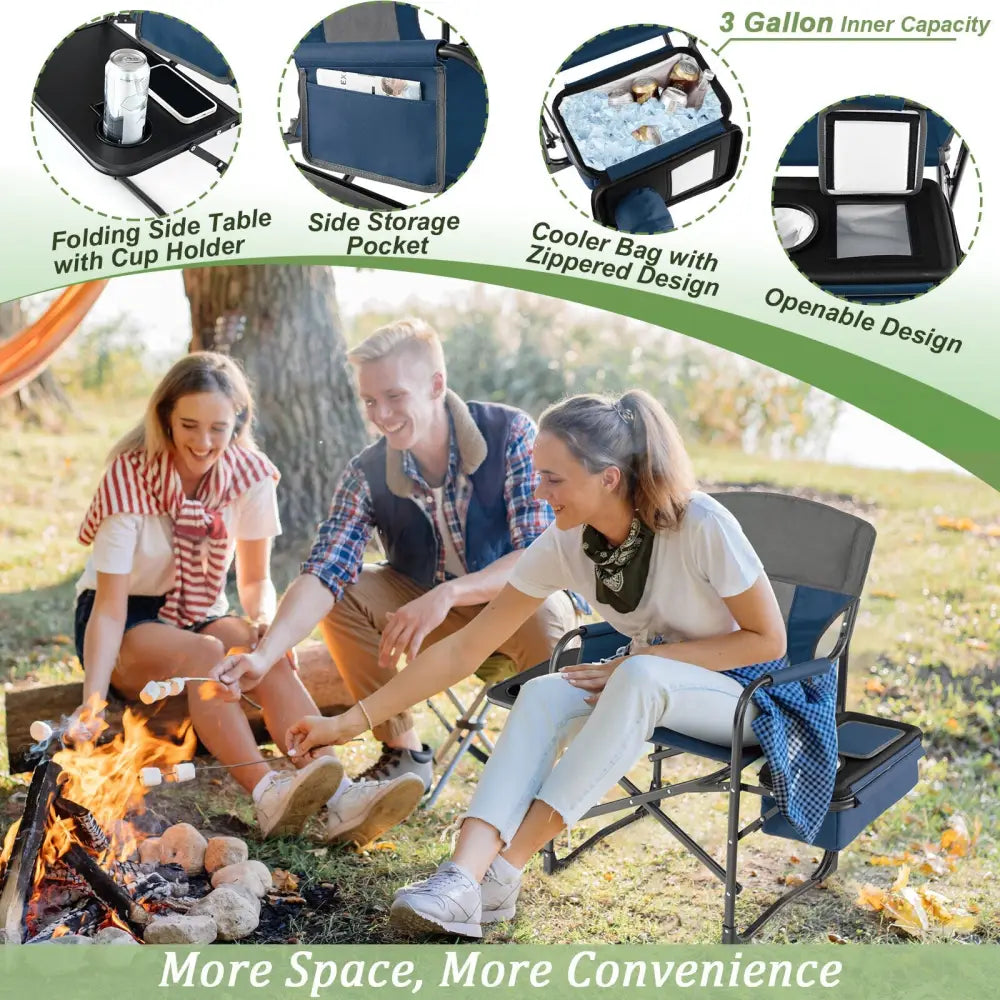 Folding Camping Directors Chair with Cooler Bag and Side Table-Blue - Blue - Outdoor