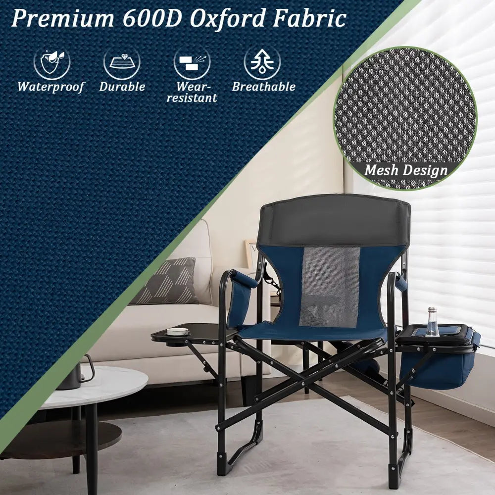 Folding Camping Directors Chair with Cooler Bag and Side Table-Blue - Blue - Outdoor