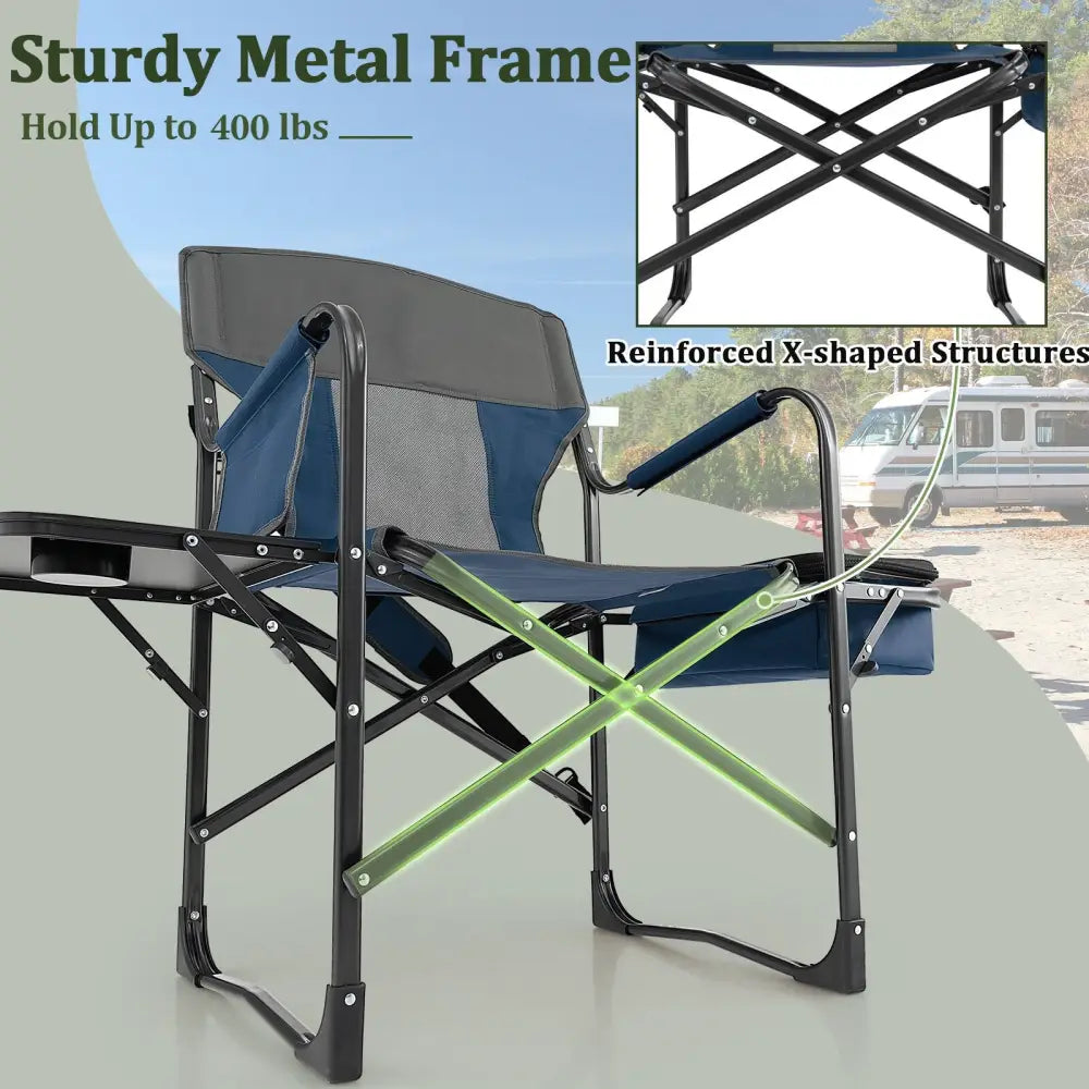 Folding Camping Directors Chair with Cooler Bag and Side Table-Blue - Blue - Outdoor