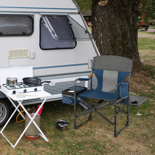 Folding Camping Directors Chair with Cooler Bag and Side Table-Blue - Blue - Outdoor