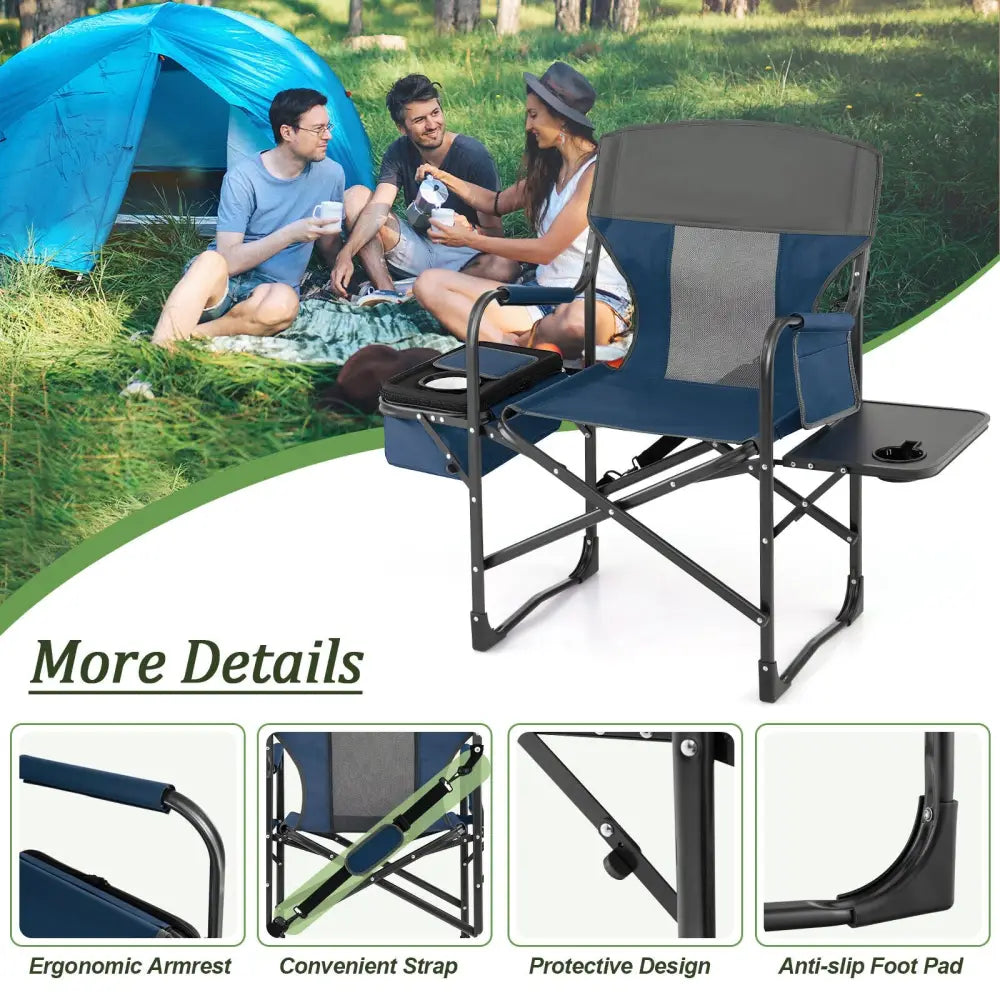 Folding Camping Directors Chair with Cooler Bag and Side Table-Blue - Blue - Outdoor