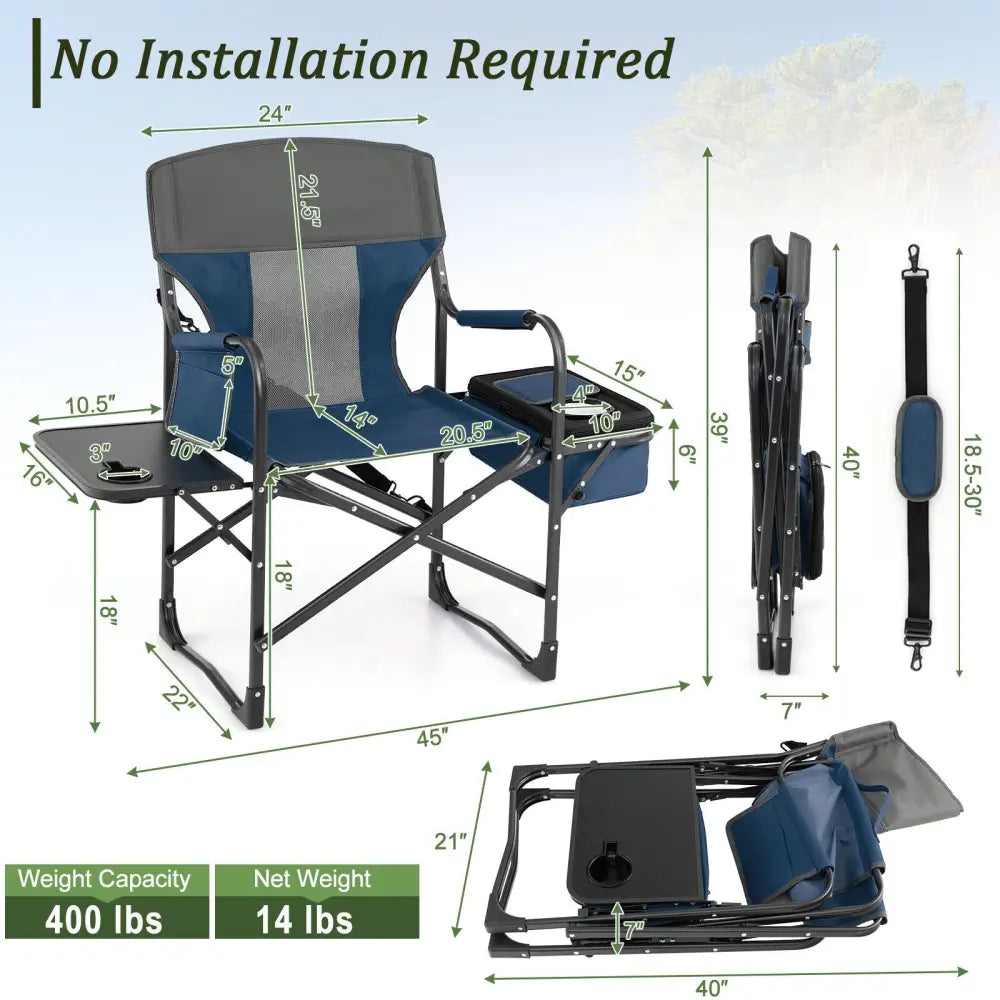 Folding Camping Directors Chair with Cooler Bag and Side Table-Blue - Blue - Outdoor