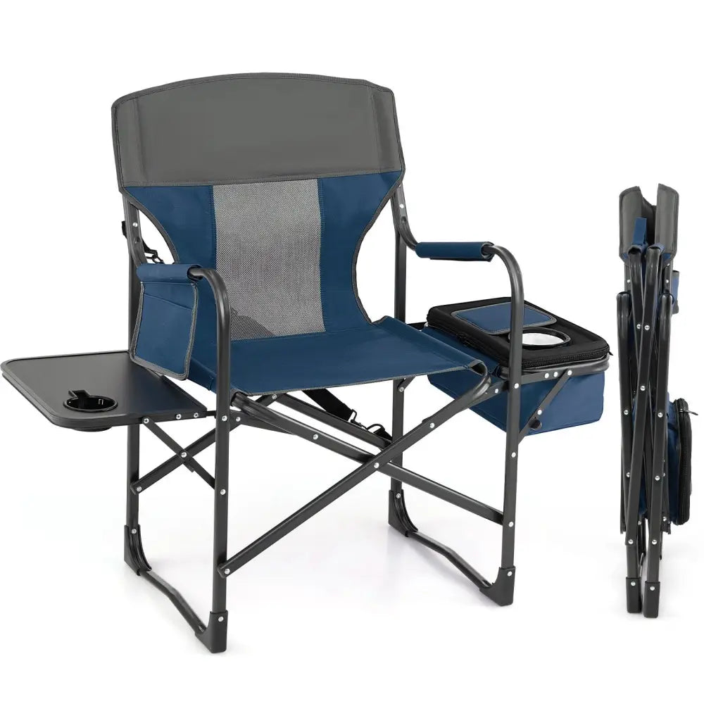 Folding Camping Directors Chair with Cooler Bag and Side Table-Blue - Blue - Outdoor
