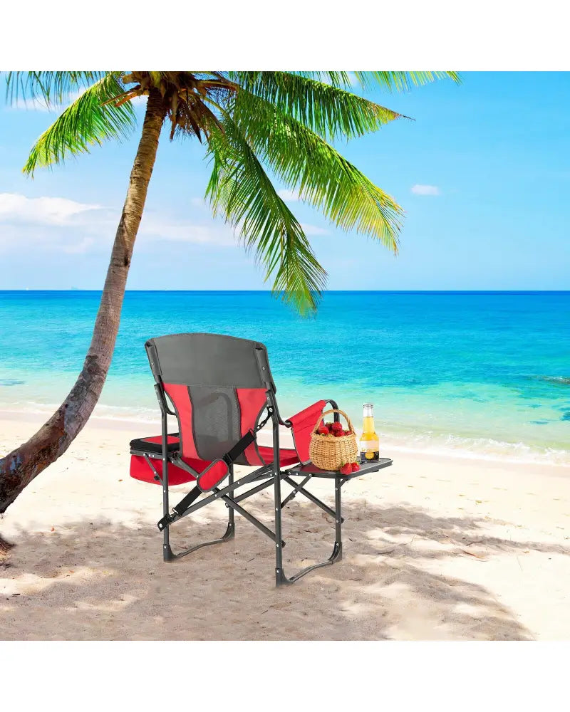 Folding Camping Directors Chair with Cooler Bag and Side Table-Red - Red - Outdoor