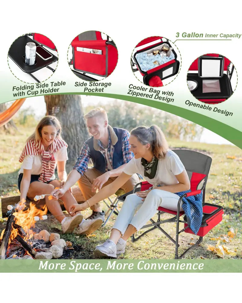 Folding Camping Directors Chair with Cooler Bag and Side Table-Red - Red - Outdoor