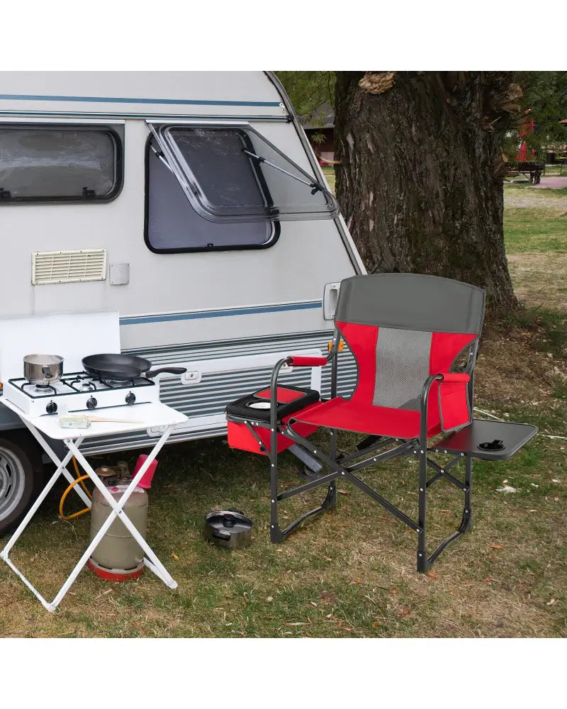 Folding Camping Directors Chair with Cooler Bag and Side Table-Red - Red - Outdoor