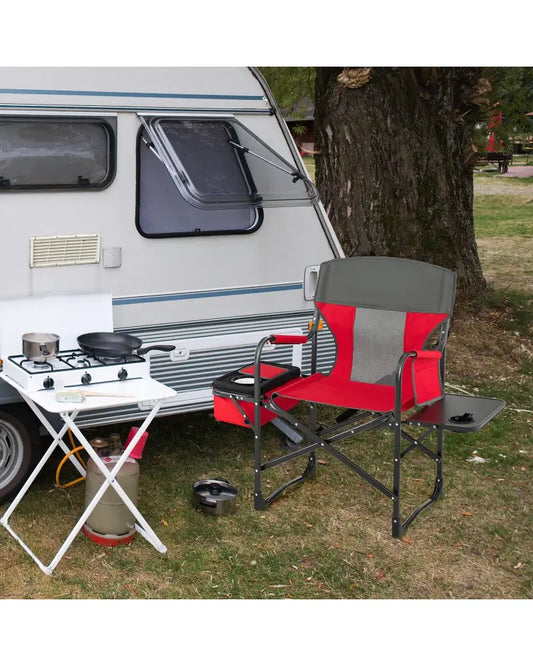 Folding Camping Directors Chair with Cooler Bag and Side Table-Red - Red - Outdoor