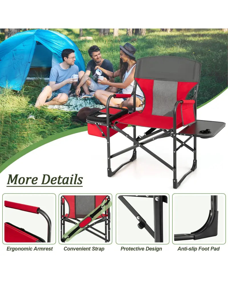 Folding Camping Directors Chair with Cooler Bag and Side Table-Red - Red - Outdoor