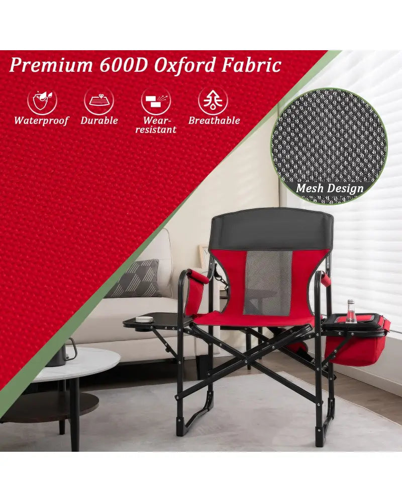 Folding Camping Directors Chair with Cooler Bag and Side Table-Red - Red - Outdoor
