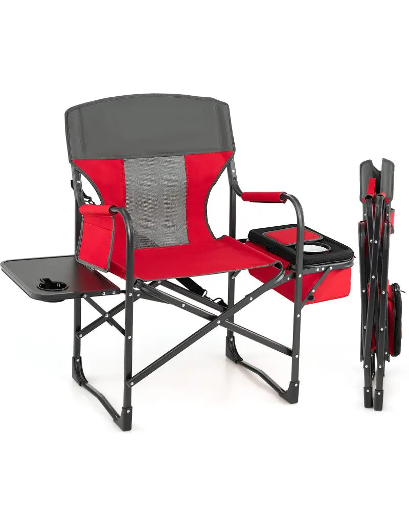 Folding Camping Directors Chair with Cooler Bag and Side Table-Red - Red - Outdoor