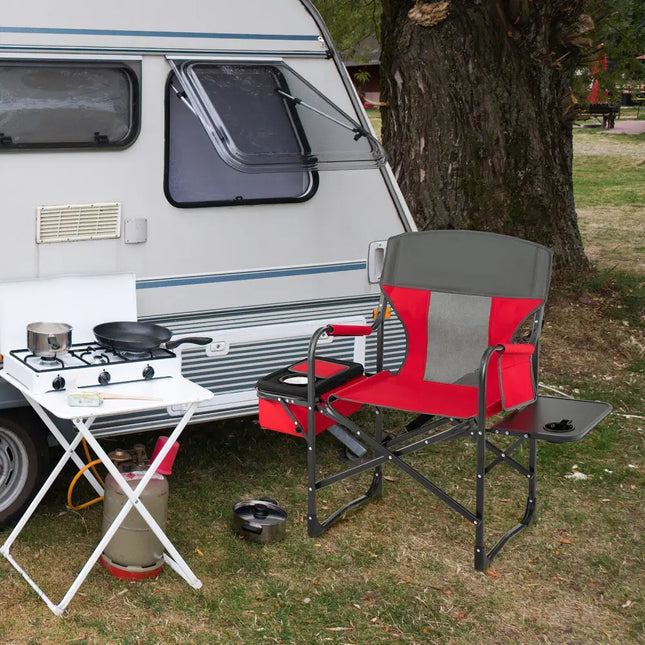 Folding Camping Directors Chair with Cooler Bag and Side Table-Red - Red - Outdoor