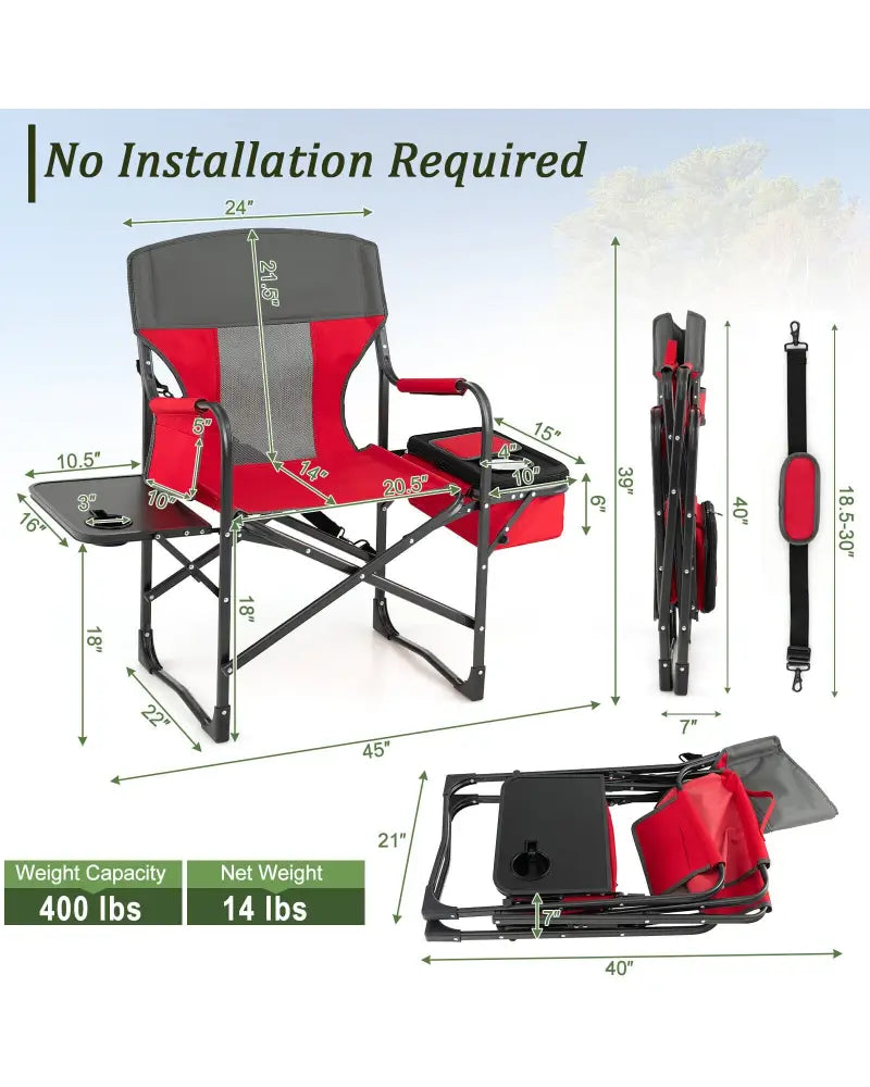 Folding Camping Directors Chair with Cooler Bag and Side Table-Red - Red - Outdoor