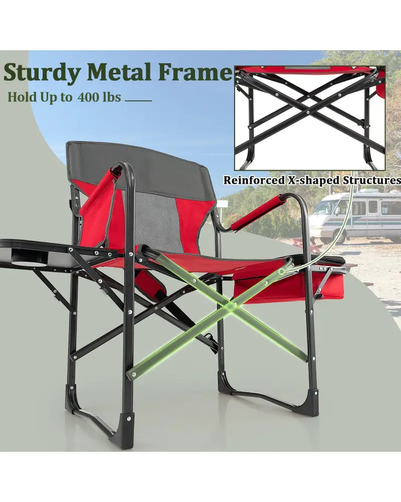Folding Camping Directors Chair with Cooler Bag and Side Table-Red - Red - Outdoor