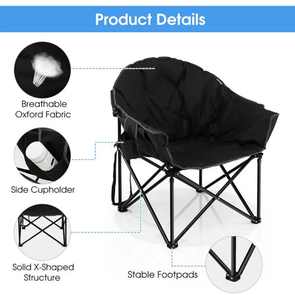 Folding Camping Moon Padded Chair with Carrying Bag-Black - Black - Camping Furniture