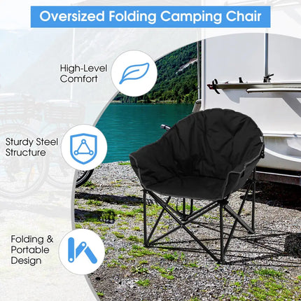 Folding Camping Moon Padded Chair with Carrying Bag-Black - Black - Camping Furniture