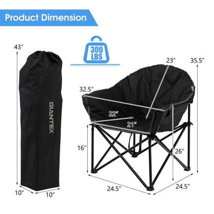 Folding Camping Moon Padded Chair with Carrying Bag-Black - Black - Camping Furniture