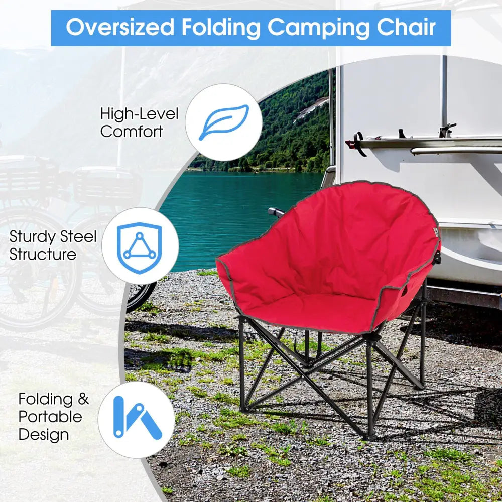 Folding Camping Moon Padded Chair with Carrying Bag-Red - Red - Camping Furniture