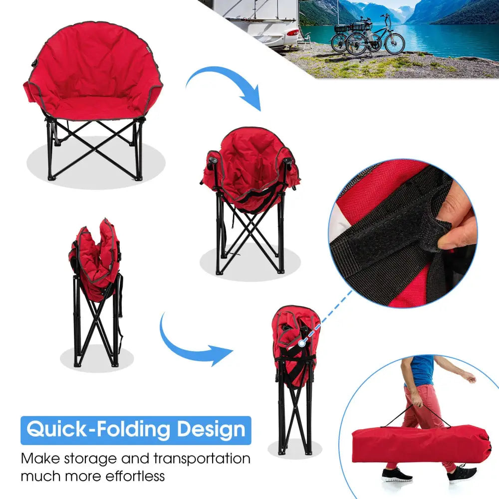 Folding Camping Moon Padded Chair with Carrying Bag-Red - Red - Camping Furniture