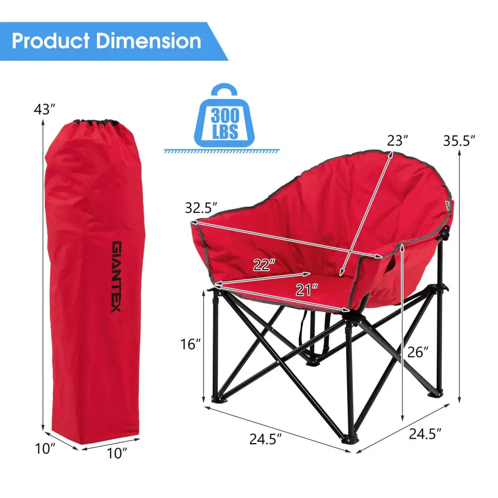 Folding Camping Moon Padded Chair with Carrying Bag-Red - Red - Camping Furniture
