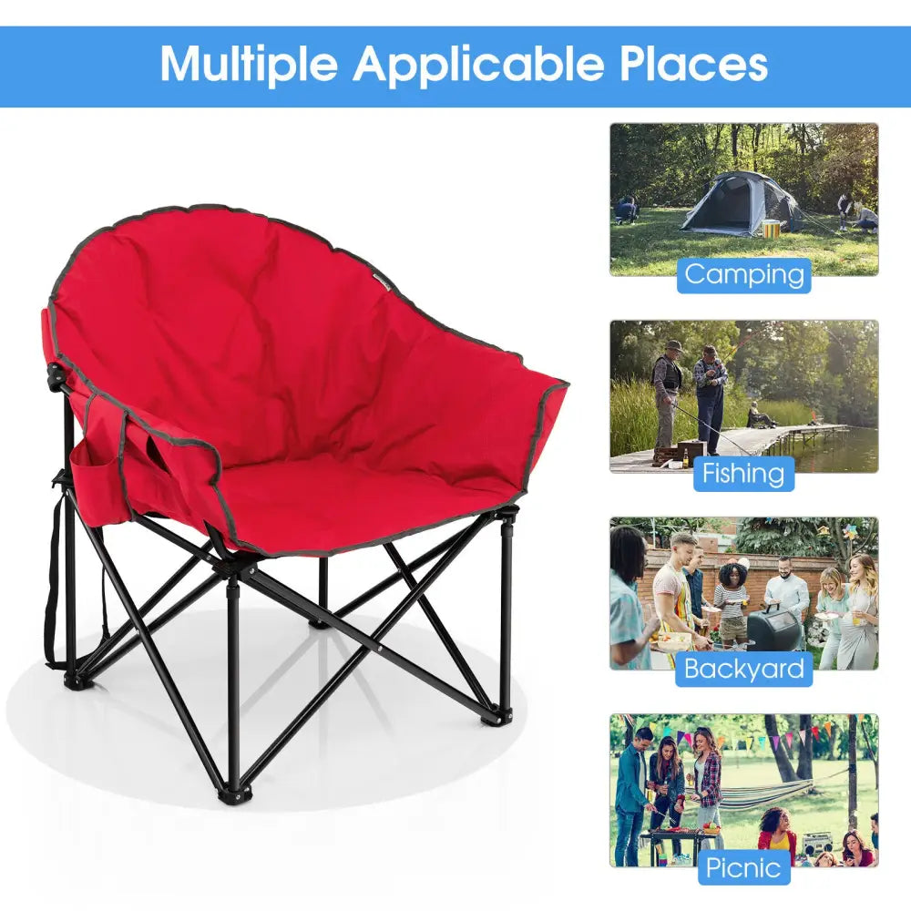 Folding Camping Moon Padded Chair with Carrying Bag-Red - Red - Camping Furniture