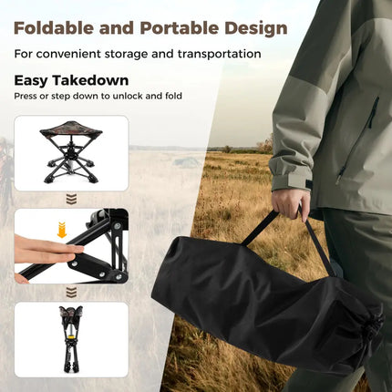 Folding Camping Stool 360° Swivel Hunting Chair with Anti-Sink Feet-Camouflage - Camouflage - Camping